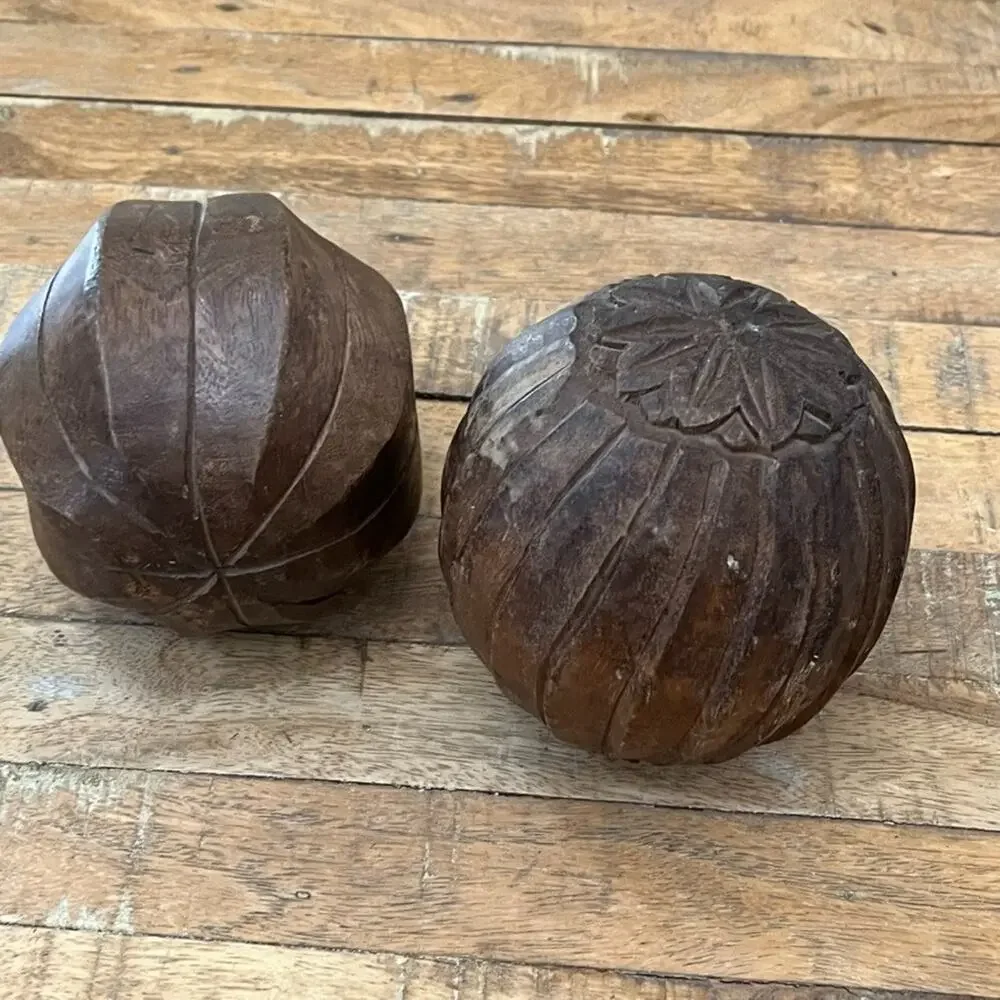 Pair of 2 Wood Carpet Ball Orb Sphere Folk Art Decor Hand Carved Vintage